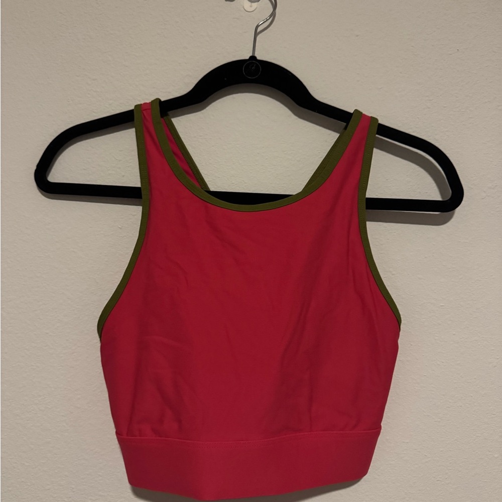 Fabletics Pink and Green Sports Bra with Racerback Design